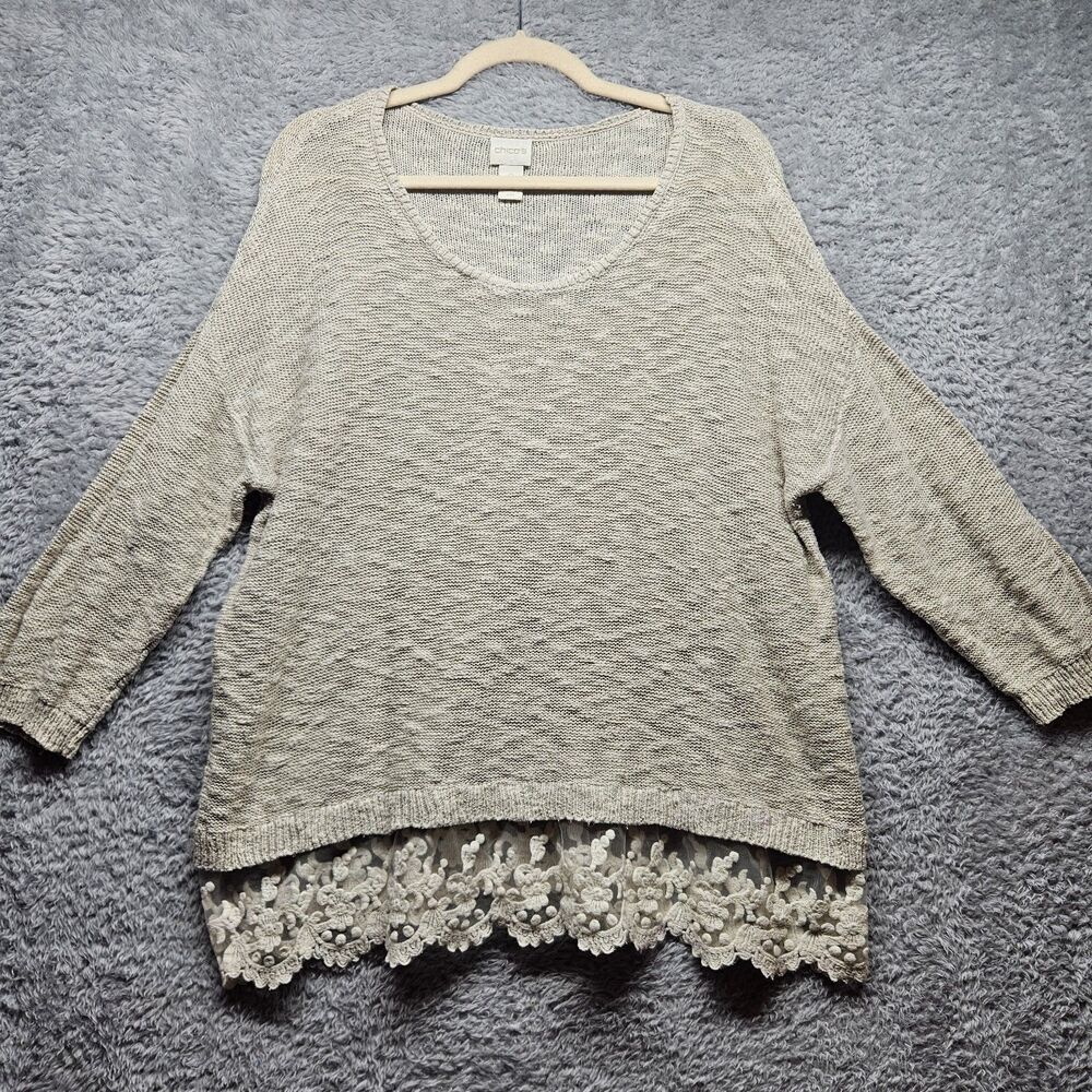 Chico's Beige Crochet Open Knit Sweater Lace Trim Size 3 XL Scoop Neck Neutral